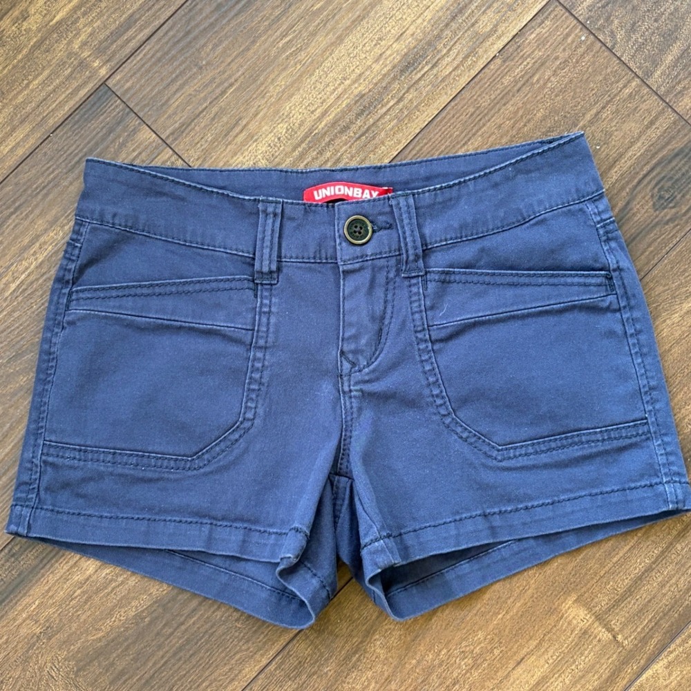 Unionbay Navy Blue Mini Shorts Women Size 0 Low Rise Utility Twill Y2K Gorp